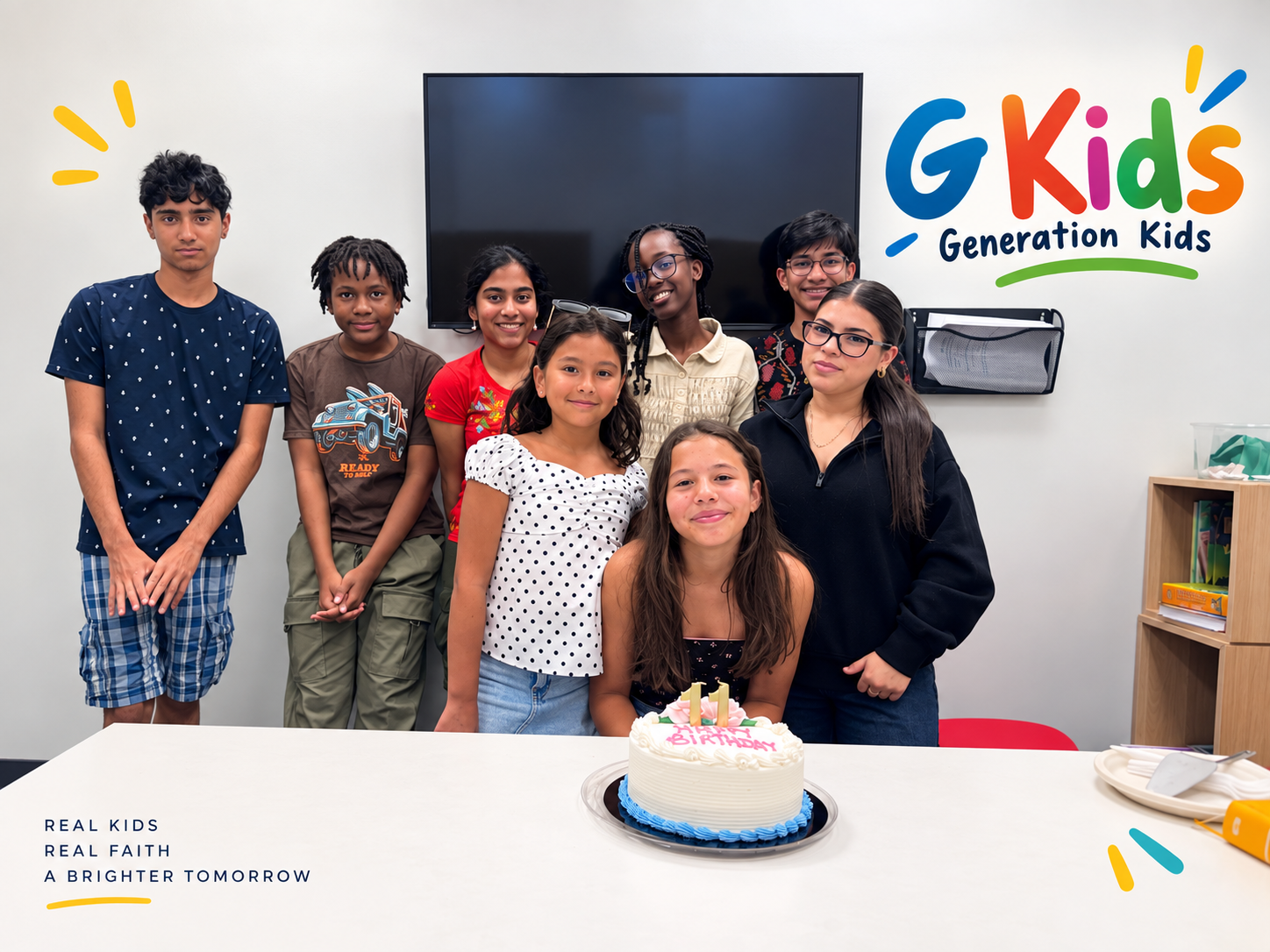 Generations Kids group celebrating a birthday together in the GKids room