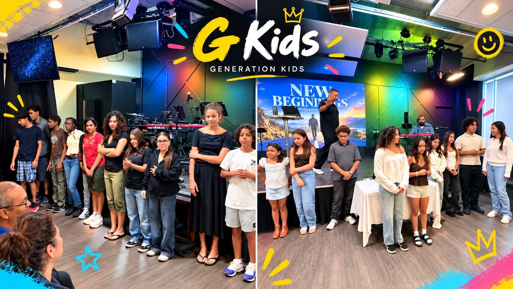 Generations Kids children and volunteers on stage during a Sunday service