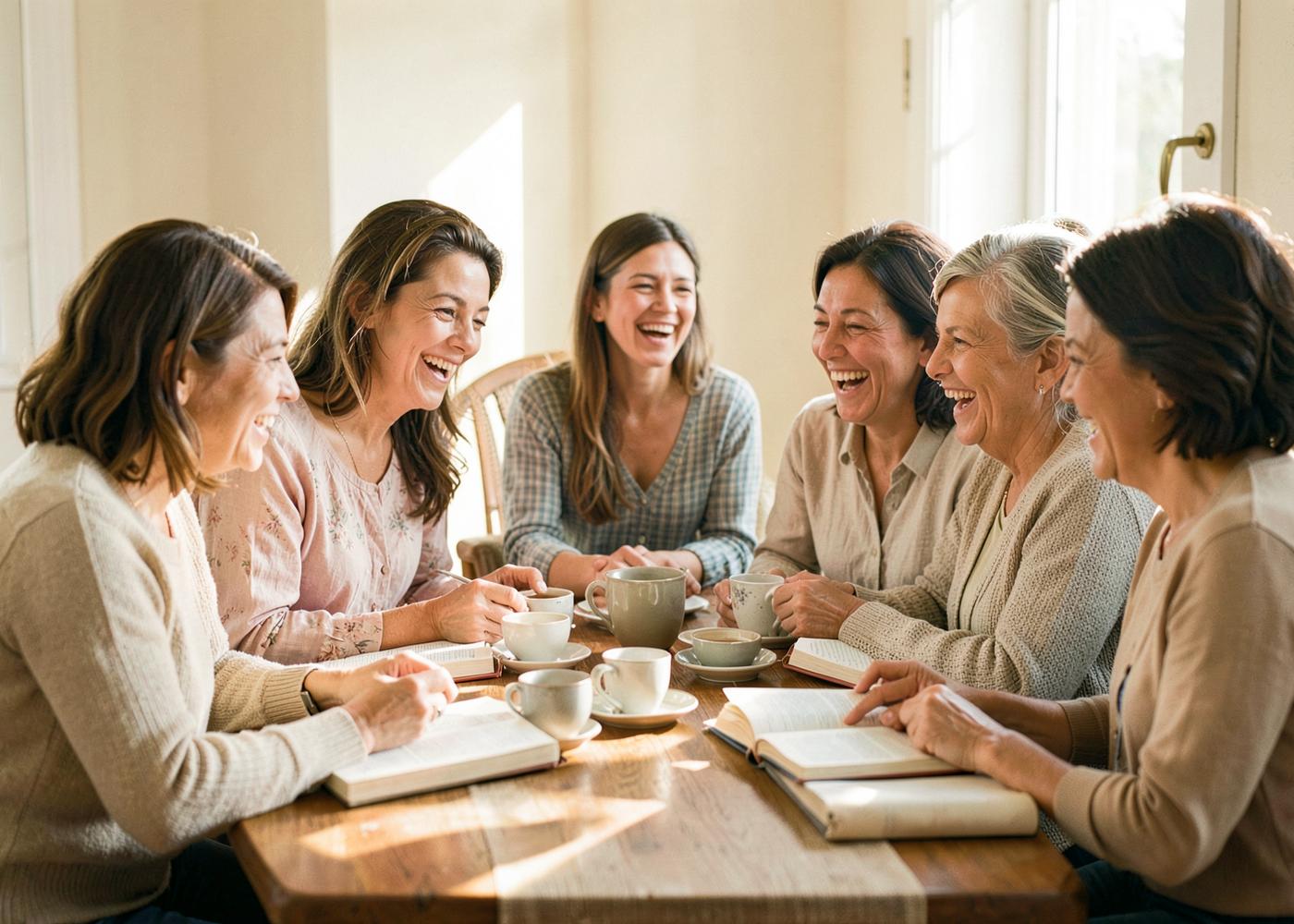 Women laughing together around a table with tea and journals